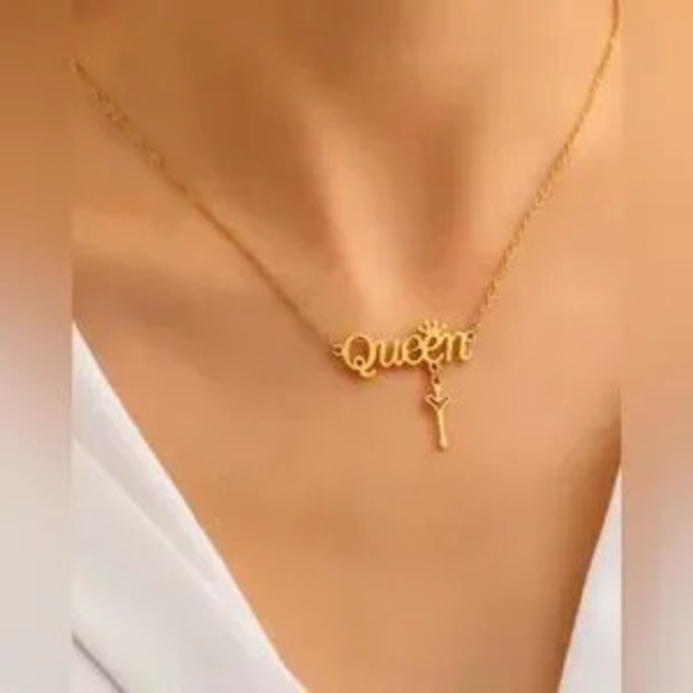 Gold Plated Stainless Steel Queen Name Necklace Crown Pendant